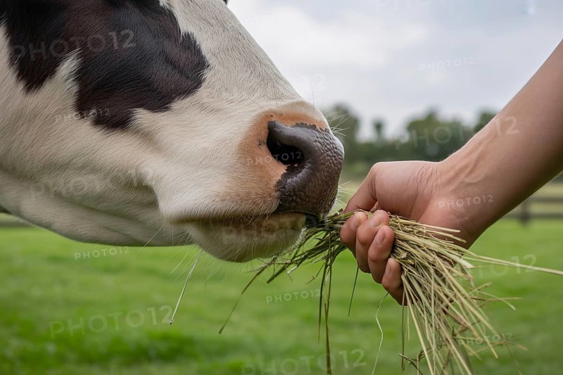 Close-up of human hand feeding cow with green grass. Symbol of animal care, connection to farming, and sustainable agriculture. Generative ai, AI generated