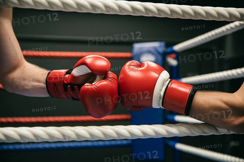 Close up of red boxer's gloved hands touching fists before a spar. Generative ai, AI generated