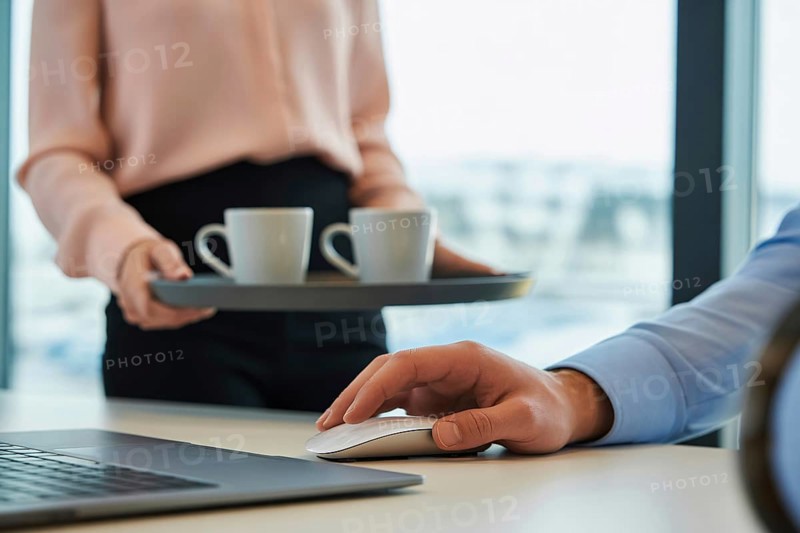 Woman's hand in pastel pink blouse holding a tray with white coffee mugs next to a man's hand on a large wireless mouse. Gender roles in the office. Generative ai, AI generated