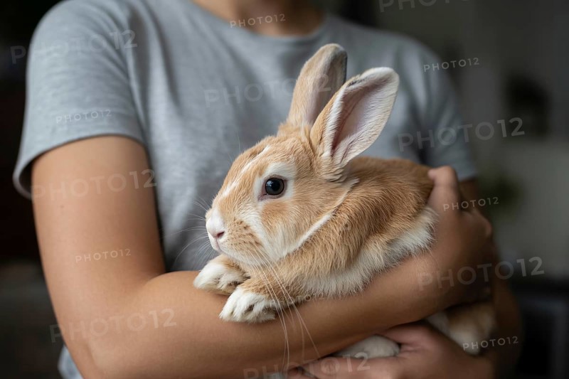 Person holding pet bunny in arms. Symbol of animal care and gentle companionship. Generative ai, AI generated