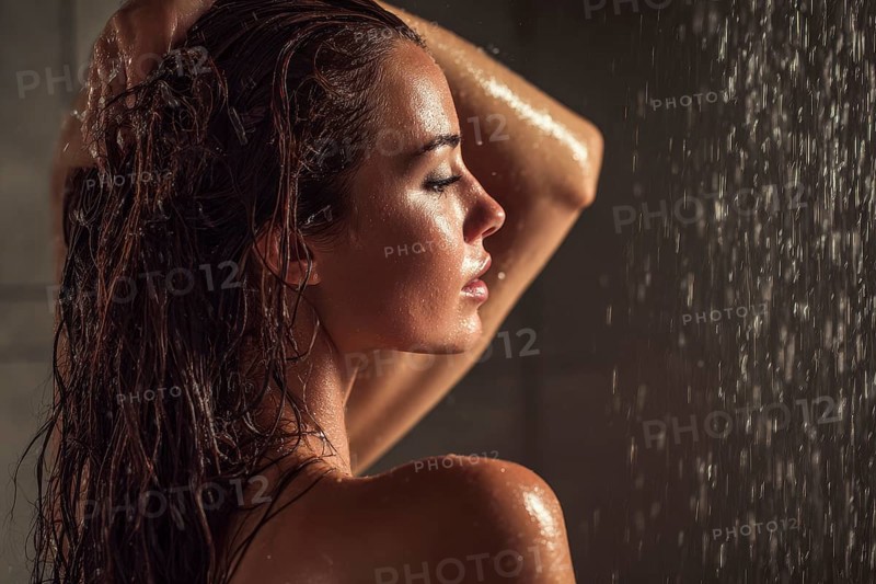 Beautiful attractive woman in the shower applying shampoo to her hair, AI generated