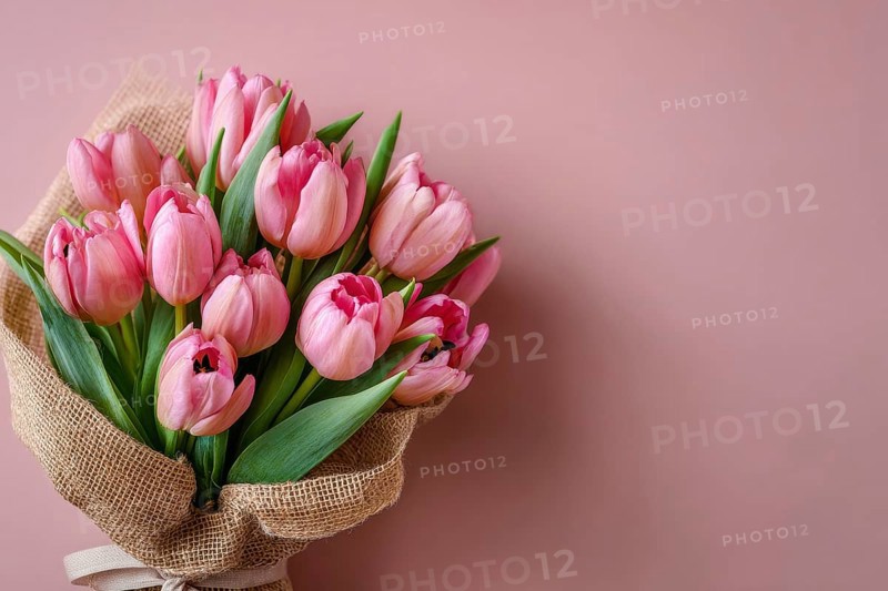 Beautiful composition spring flowers. Bouquet of pink tulips flowers on pastel pink background. Valentine's Day, Easter, Birthday, Happy Women's Day, Mother's day present, AI generated