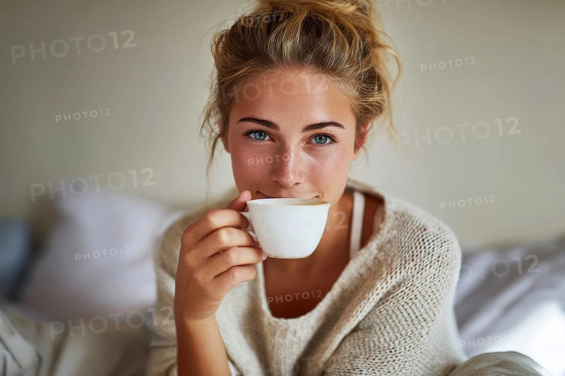 Beautiful young woman drinking tea or coffee while resting at home in comfort in cold weather, AI generated