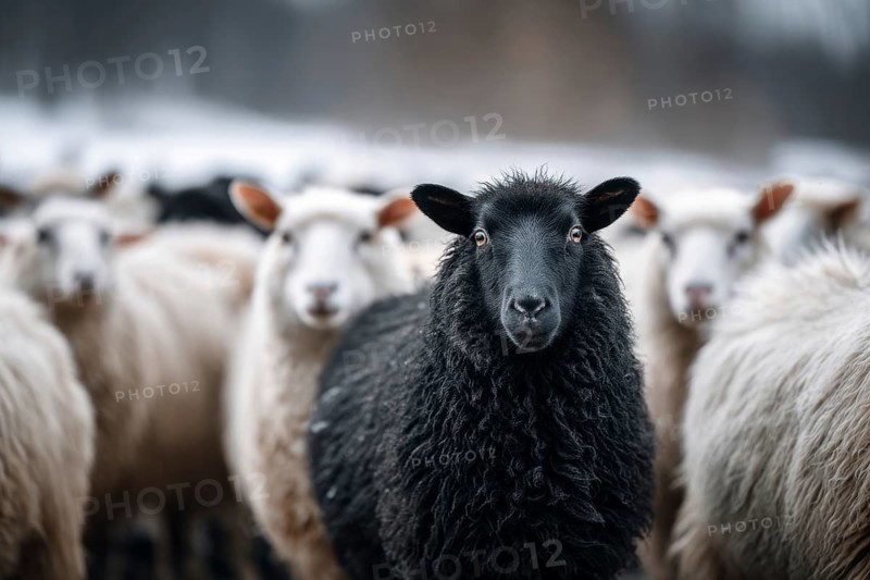 Black sheep sticking among white sheep. Black sheep in the family. Concept of a different person or exclusion from society, AI generated