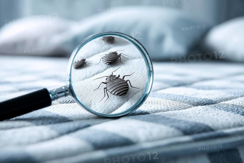 Bed bugs and dust mites concept with the magnifying glass. Allergy and old linen that contains parasites, AI generated
