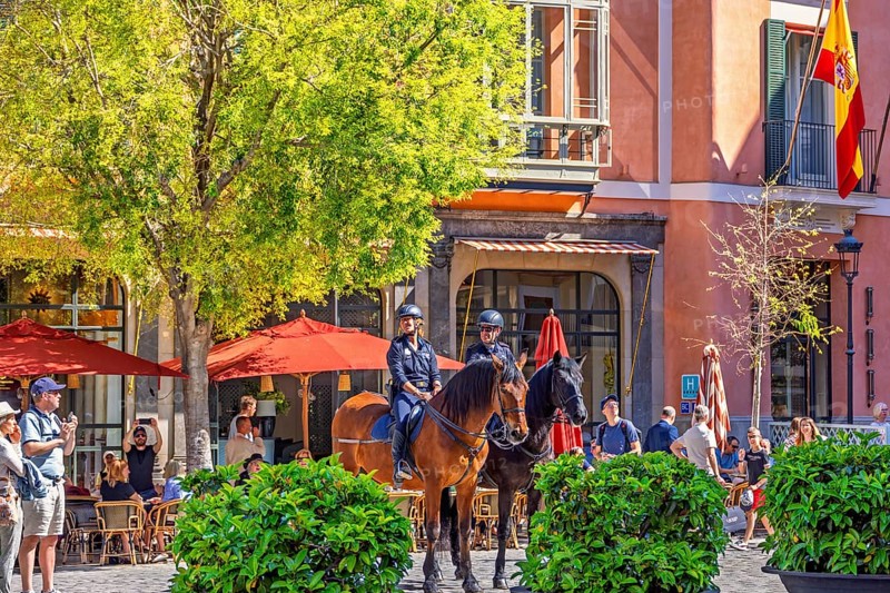 Mounted police officers sitting on horses in a town square with restaurants and people in the old town, Palma de Mallorca, Mallorca, Spain