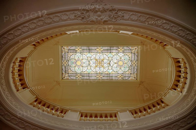 Interior view, ceiling window above staircase, town hall, Hôtel de Ville, Mairie, formerly Hôtel Auban-Moët, Avenue de Champagne, Épernay, Champagne, Marne, France
