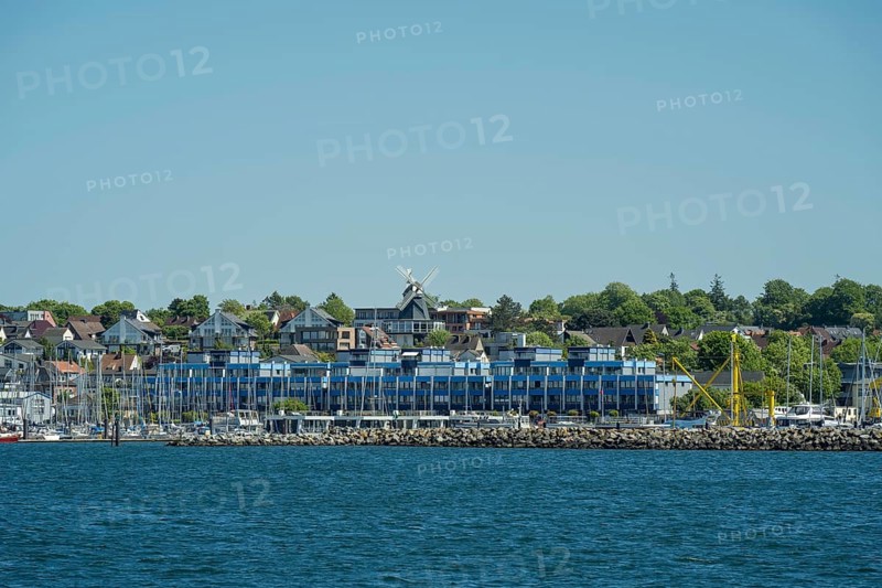 View of the town with marina and windmill, Laboe, Baltic Sea resort, fjord, Baltic Sea, North Frisia, Schleswig-Holstein, Germany