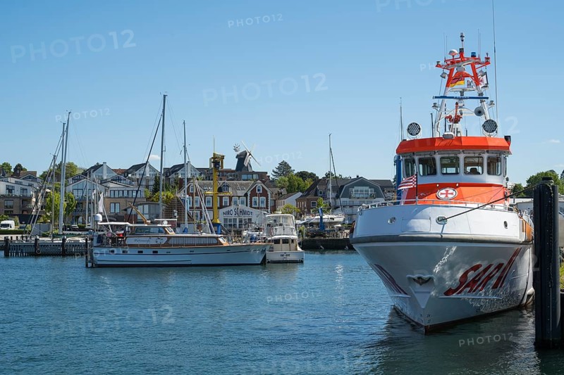 View of the town with harbour and rescue ship, Laboe, Baltic Sea resort, fjord, Baltic Sea, North Frisia, Schleswig-Holstein, Germany