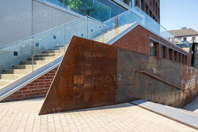 Rusty steel plate with writing, explanations, Speicherstraße, harbour, Dortmund, Ruhr area, North Rhine-Westphalia, Germany