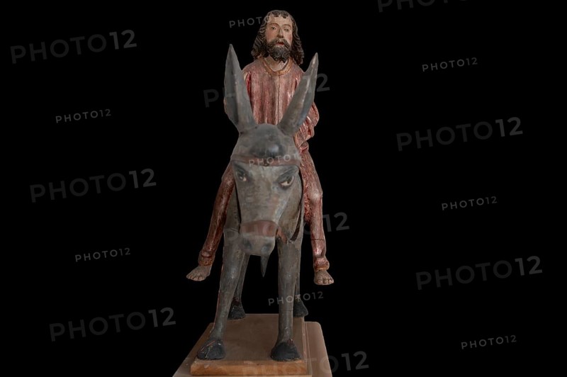Palmesel in St Briccius Church, on a black background, Wurmlingen, Tuttlingen district, Baden-Württemberg, Germany