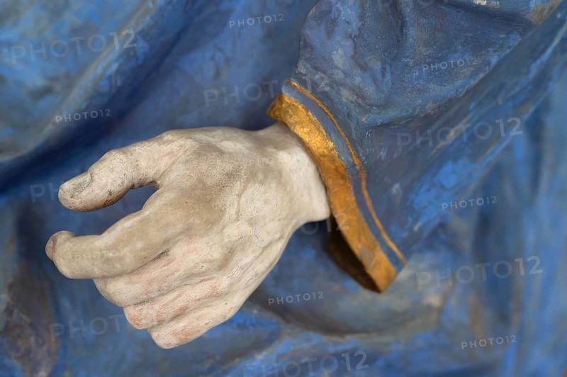 Hand and robe of Christ, detail of the palm donkey, around 1490, St John's parish church, Biberacher Str. 6, Ummendorf, Biberach district, Baden-Württemberg, Germany
