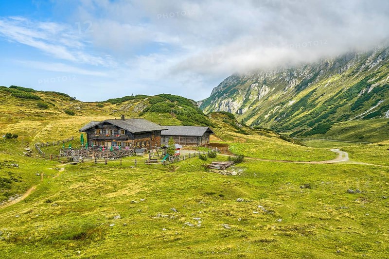 Alpine hut Oberhütte, Alpine pasture area, mountains, clouds, Schladminger Tauern, Radstadt, Pongau, Salzburg