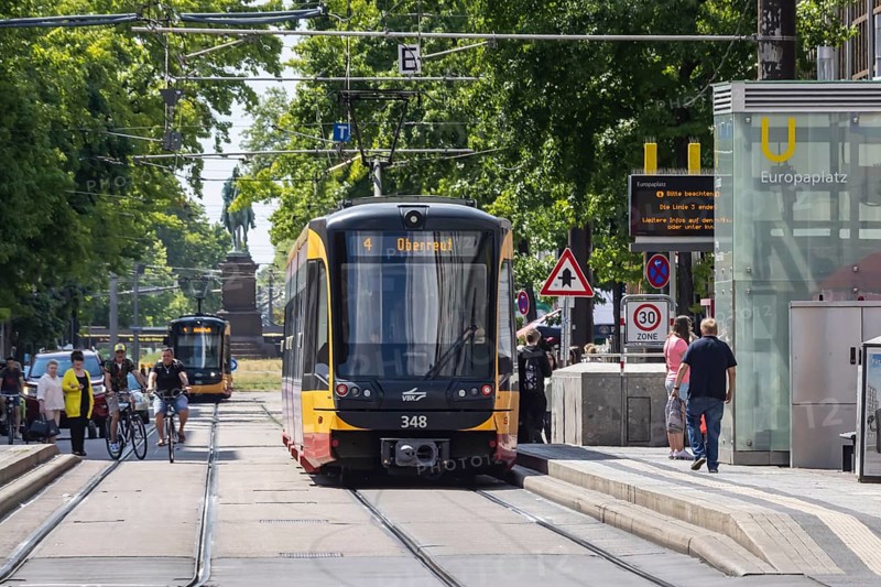 Karlsruhe city railway at Europaplatz. Trams and light rail serve the rail-bound public transport network in Karlsruhe. They are operated by Verkehrsbetriebe Karlsruhe (VBK) and Karlsruher Verkehrsverbund (KVV) . Karlsruhe, Baden-Württemberg, Germany