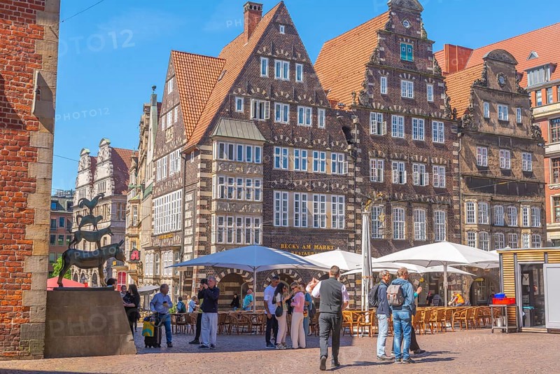 Bremen Town Musicians at the town hall, donkey, dog, cat, rooster, fairy tale by the Brothers Grimm, animal fable, literature, historic building with bay window, gabled houses, market square, old town, Hanseatic city of Bremen, Germany