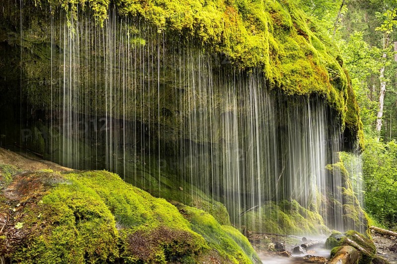 The Dietfurt waterfall, moss and stones, long exposure, Wutach Gorge, Black Forest, Baden-Württemberg, Germany