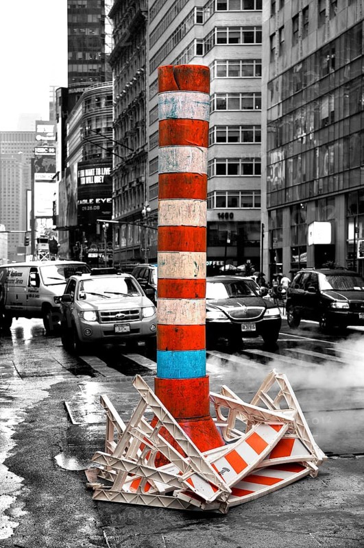 Construction site with chimney for exhaust air at an intersection, black and white, New York City, USA