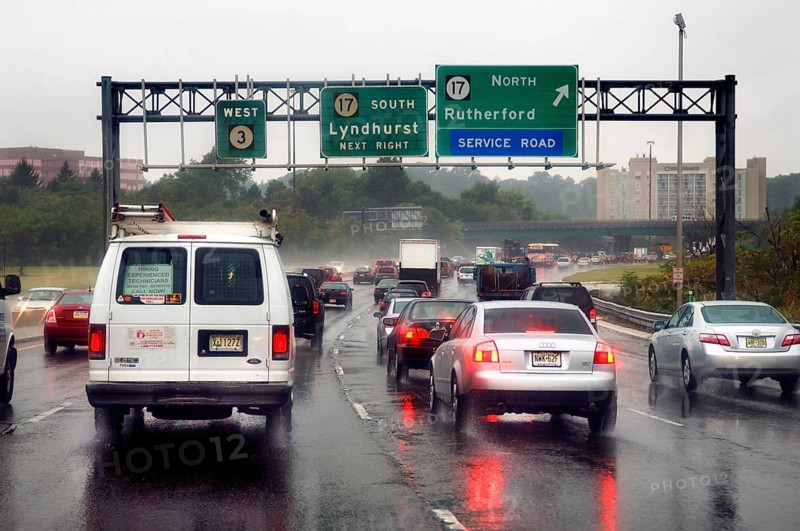 Rush hour on the motorway in the rain, New Jersey, USA