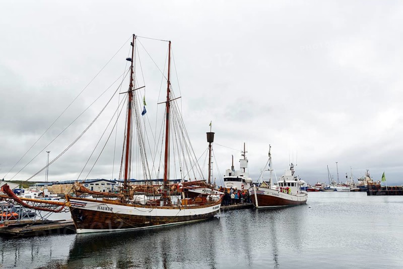 Boats in the harbour, fishing village at Skjalfandi Bay, rain clouds, Husavik, Húsavík, North Iceland, Iceland