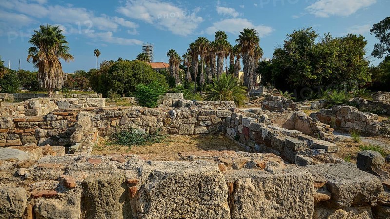 Dilapidated stone walls and ancient palm trees under a blue sky in an ancient ruins landscape, Ancient Agora, Kos Town, Kos, Dodecanese, Greek Islands, Greece