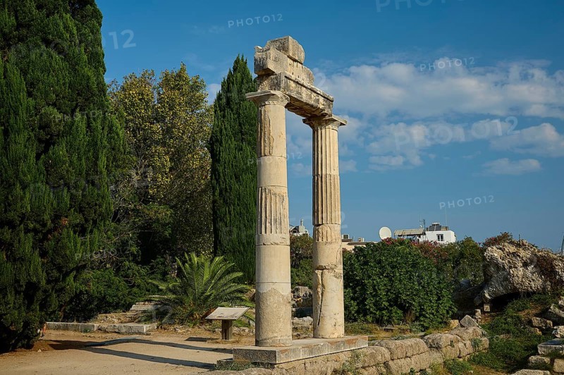 Ancient columns against a blue sky, surrounded by lush vegetation, Ancient Agora, Kos Town, Kos, Dodecanese, Greek Islands, Greece