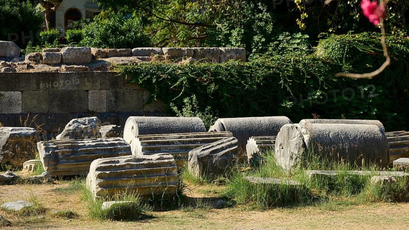 Cylindrical ancient stones lie on grassy ground surrounded by ivy, Ancient Agora, Kos Town, Kos, Dodecanese, Greek Islands, Greece