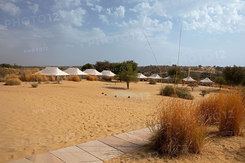 Desert camp or tented camp in the Thar Desert or Great Indian Desert, near Jaisalmer, Rajasthan, India
