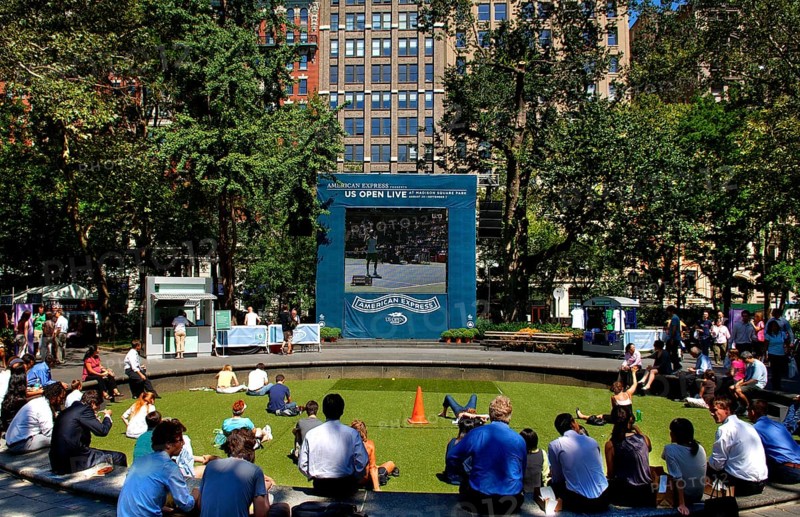 Public viewing of the US Open tennis matches, Washington Square Park, New York City, USA