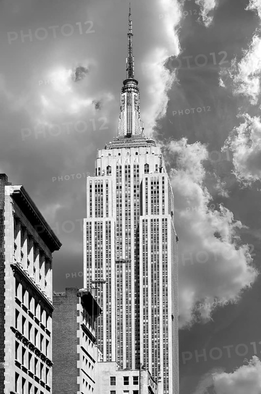 Empire State Building, cloudy sky, black and white, New York City, USA