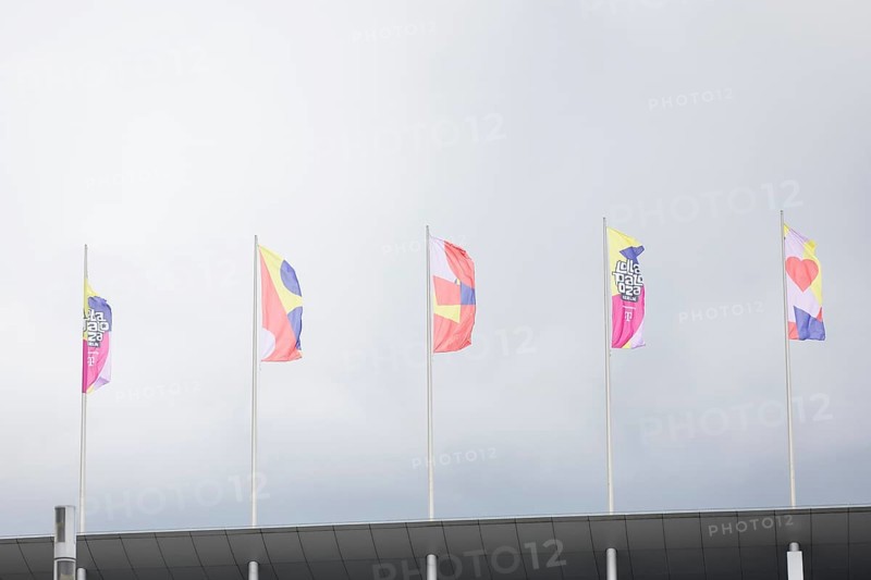 Colourful flags with the Lollapalooza logo on the roof of the Olympic Stadium at the Lollapalooza Festival in the Olympic Stadium and on the Maifeld, Berlin, 13.07.2025