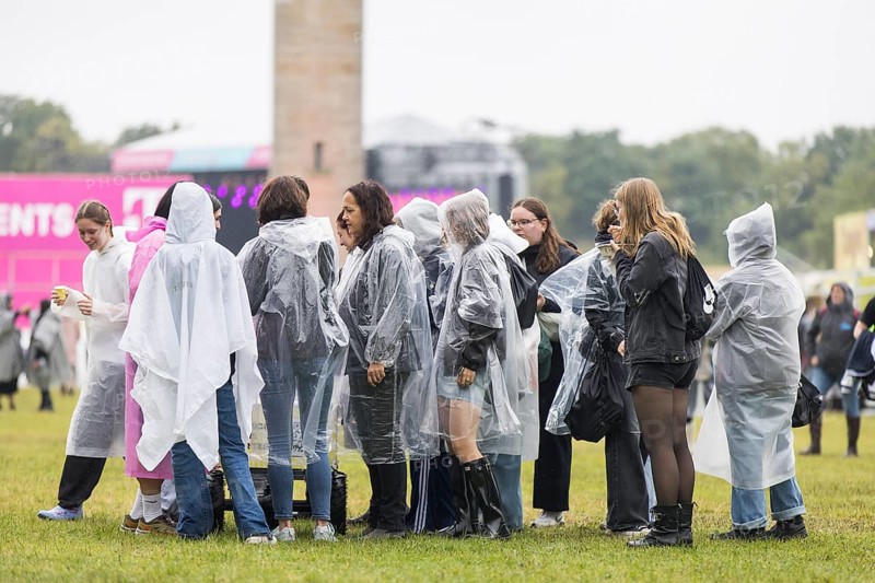 Festivalgoers with rain capes at the Lollapalooza Festival in the Olympiastadion and on the Maifeld, Berlin, 12 July 2025