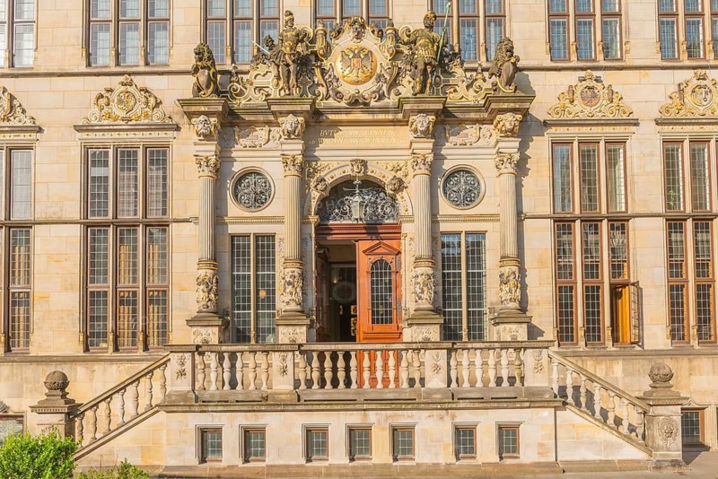 Two-part staircase to the Schütting House, Bremen Chamber of Commerce and Industry and Chamber of Commerce for Bremen and Bremerhaven, Bremen merchants, façade, rich ornamentation with imperial eagle, year 1899, historic city centre, Bremen, Germany