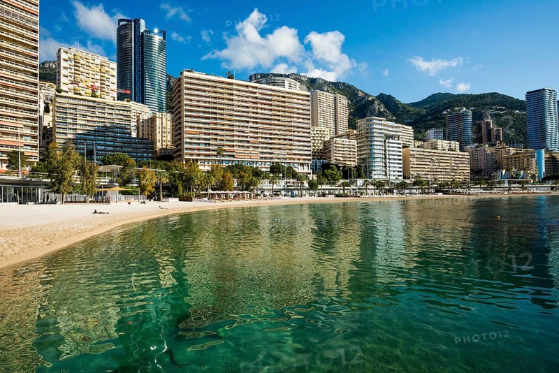 Panorama, Skyline with skyscrapers and beach, Plage du Larvotto, Monte Carlo, Cote d'Azur, Monaco