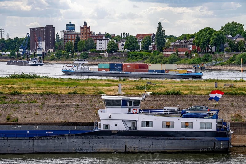 Cargo ships on the Rhine near Duisburg, North Rhine-Westphalia, Germany