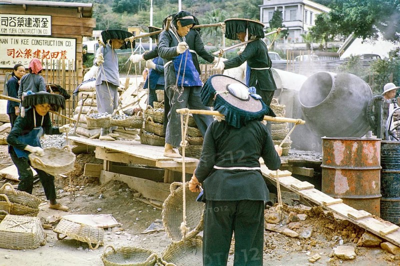 Women workers working at road construction site, Tai Po, New Territories, Hong Kong, Asia, 1964