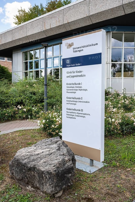 Wegweiser, Pylone, Stele, Fachklinik für Kinder- und Jugendmedizin, Universitätsklinikum Tübingen auf dem Schnarrenberg, Baden-Württemberg, Deutschland