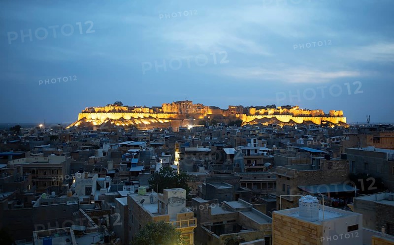 City view Jaisalmer at blue hour, behind the fortress in the light, Jaisalmer, Rajasthan, India