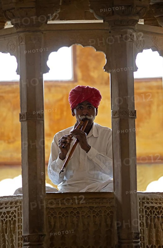 Rajasthani folk musician with an alghoza or bamboo flute, Jaisalmer, Rajasthan, India