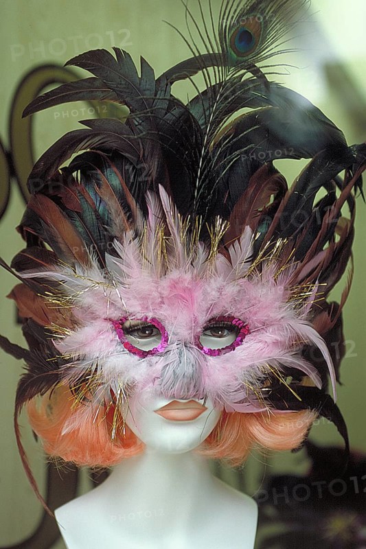 Head of a mannequin with a Venetian mask, Venice, Italy