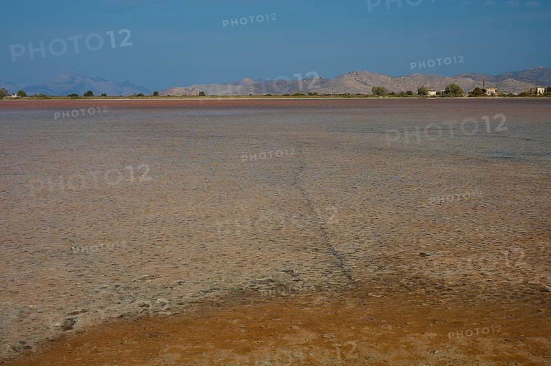 Dry landscape with far horizon and distant mountains, salt lake, Tigaki, nature reserve, hydro biotope, Kos, Dodecanese, Greek Islands, Greece