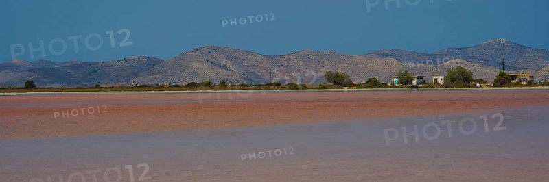 Vast landscape with mountains and huts by the lake, clear sky offered, salt lake, Tigaki, nature reserve, hydro biotope, Kos, Dodecanese, Greek Islands, Greece