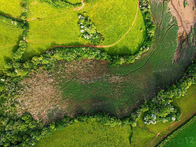 Top Down over Marshes over River Dart from a drone, Stoke Gabriel, Totnes, Devon, England, United Kingdom