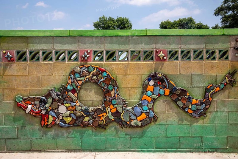 Detroit, Michigan - The city of Detroit is opening nine 'Arts Alleys' in neighborhoods around the city. Ceramic art on the Bagley Arts Alley in the Mexican-American community is by artist Vito J. Valdez