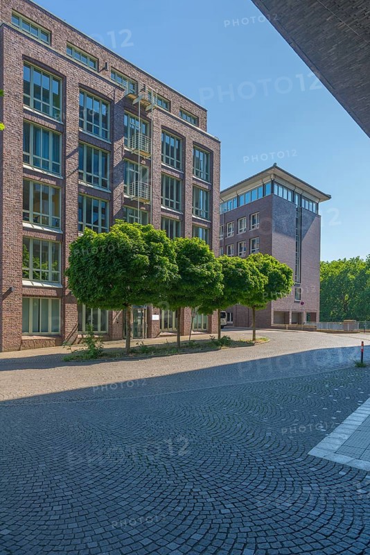 New buildings on Alte Neustadt, Willis Towers Watson, residential, offices, large windows, group of trees, brick architecture, pavement, blue sky, Hanseatic City of Bremen, Germany