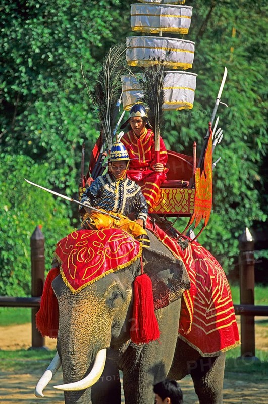 Decorated war elephant at Samphran Elephant Ground and Zoo near Bangkok, Thailand, December 2002, vintage, retro, old, historic