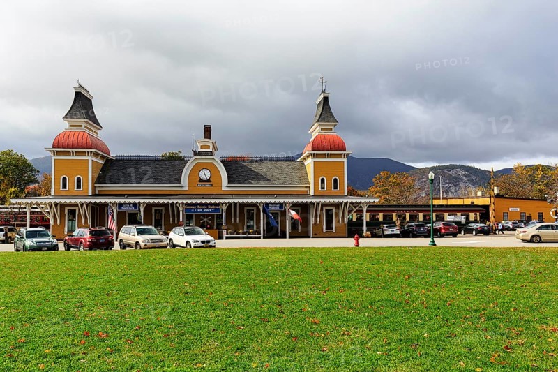 North Conway railway station, unique Russian Victorian building style, terminus for the Conway Scenic Railroad, North Conway, White Mountain, New Hampshire, New England, USA