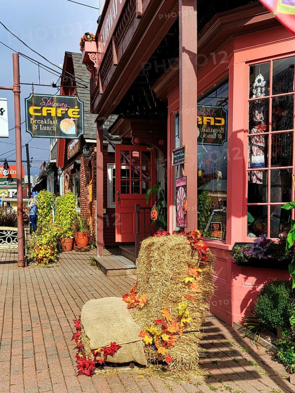 Typically decorated facades, cafe, restaurant, Thanksgiving, Halloween, main street in the village of North Conway, holiday destination, Kancamagus Highway, White Mountain, New Hampshire, New England, USA