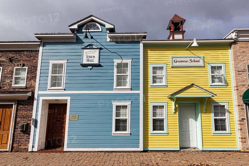 Replica, historic town hall, historic elementary school, colorful facades, signs with inscription, boutique hotel, theme hotel Adventure Suites Hotel, North Conway, Kancamagus Highway, White Mountain, New Hampshire, New England, USA