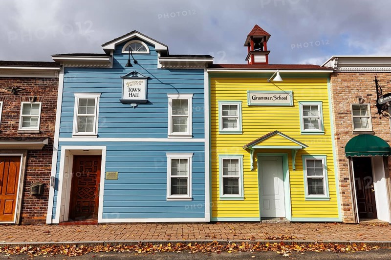 Replica, historic town hall, historic elementary school, colorful facades, signs with inscription, fall leaves, boutique hotel, theme hotel Adventure Suites Hotel, North Conway, Kancamagus Highway, White Mountain, New Hampshire, New England, USA