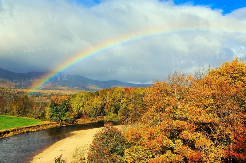 Scenic river landscape with rainbow, Saco River in Mount Washington Valley, fall leaves, Indian summer, sunny weather, Conway, Kancamagus Highway, White Mountain, New Hampshire, New England, USA